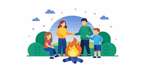 Candid Moment of a Family Gathered Around a Cozy Bonfire at Sunset - Perfect Photo Stock for Warmth and Togetherness with Copy Space
