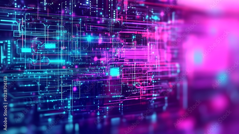 Poster Abstract glowing digital network background with neon lines and circuits.