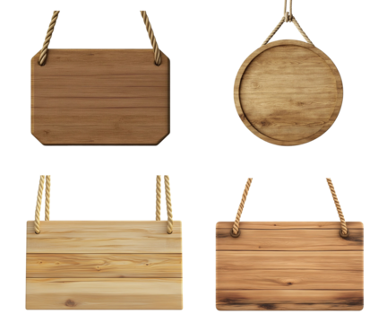 wooden sign board hanging on Ropes, Collection of different shapes old-school wooden boards Set.