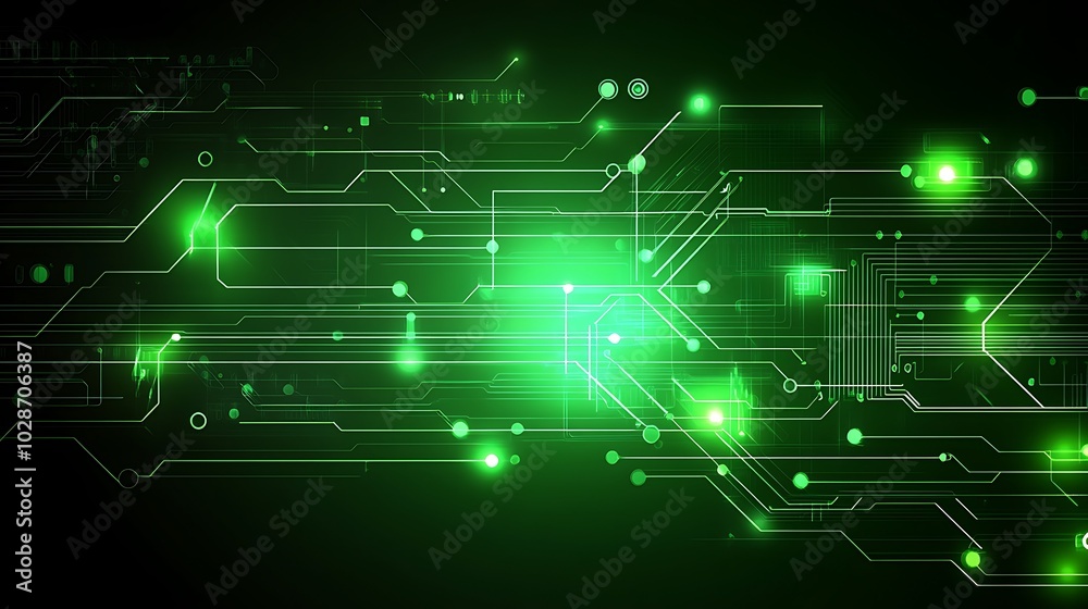 Poster abstract glowing green digital circuit board pattern background.