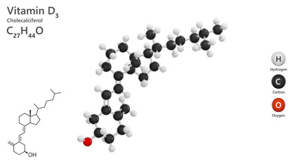 Cholecalciferol or Vitamin D3. Model of molecule. Molecular formula: C27H44O. Chemical model: Ball and Stick. White background. 3d illustration