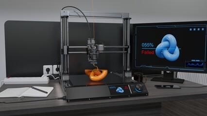 The 3D printer is failed, there is not enough material to create an object: a torus knot. 3d illustration.