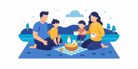 Obraz premium Candid Photo of Family Picnic by the Lake: A Peaceful Outdoor Scene Capturing Bonding, Togetherness, and Relaxation with Copy Space