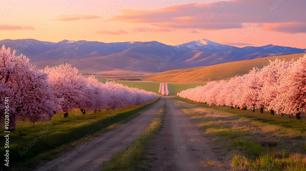 Sticker Serene landscape with blooming cherry trees at sunset.