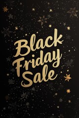 Elegant Black Friday Sale Banner with Paper-Cut Script and Gold Star Accents on Matte Black