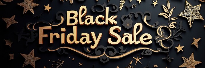 Elegant Black Friday Sale Banner with Paper-Cut Script and Gold Star Accents on Matte Black