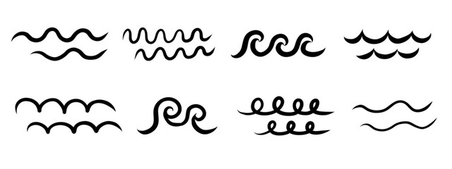 Doodle sea wave icons. hand drawn scribble water big and small waves. Ocean water flow curve lines. Aqua vector symbols isolated on transparent background.