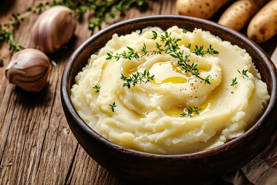 Rich and velvety mashed potatoes served in a charming bowl, topped with vibrant herbs and a splash of warm butter, poised to enhance any dish.