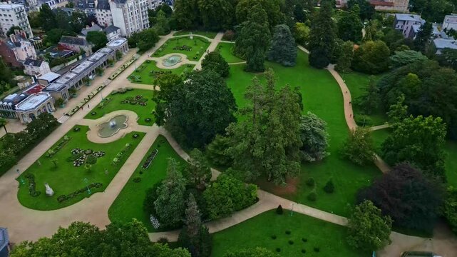 Thabor gardens at Rennes in France. Aerial drone sideways