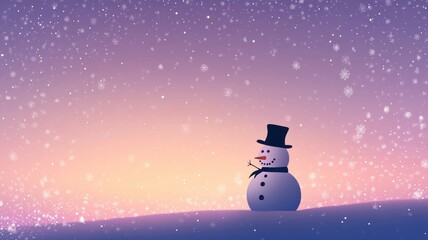 Simple snowman silhouette in twilight sky, with top hat and scarf, surrounded by delicate snowflakes for a peaceful winter atmosphere. Christmas