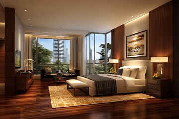 Modern Bedroom Design with Wooden Floor and City View