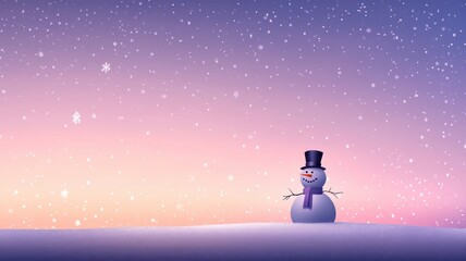 Wintery silhouette of snowman in top hat against twilight gradient sky, with falling snowflakes creating a calm and peaceful scene. Christmas