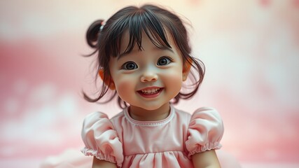 Fototapeta premium Vintage Style Portrait of Asian Little Girl Smiling in Front of Pink Background - High Resolution Photography
