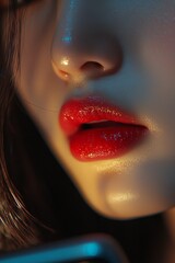 Obraz premium Close-up of the red lips and face of an Asian woman, holding her phone in front of her.