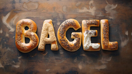 Creative food typography display with freshly baked bagels forming the word "bagel," with cream cheese, bakery food photography, print for National Bagel Day