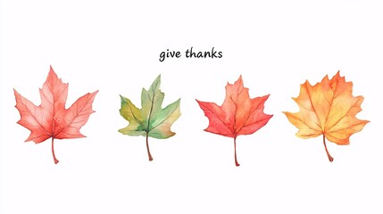 A vibrant watercolor illustration of colorful autumn leaves, showcasing shades of red, orange, and green with the words 'give thanks' above.