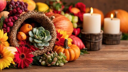 Colorful autumn harvest arrangement with fruits, flowers, and decorative candles.