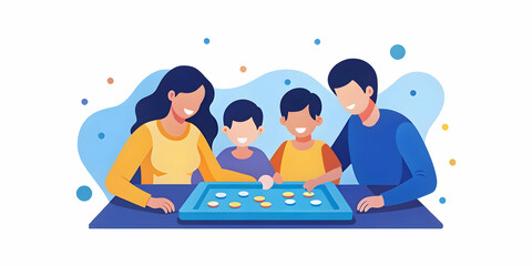 Candid Family Playing Board Games Together with Soft Abstract Digital Art Background for Family-Friendly Advertising - Perfect Relaxing Weekend Moment in Photo Stock Concept