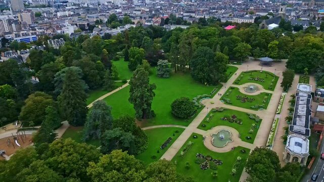 Thabor gardens with fountains and flower beds, Rennes in France. Aerial drone panoramic view