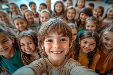 Fototapeta premium Class selfie in an elementary school. Kids taking a picture together in a co-ed school, Generative AI