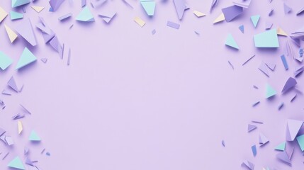 Abstract frame with pastel blue, yellow, and purple geometric shapes on a light purple background.