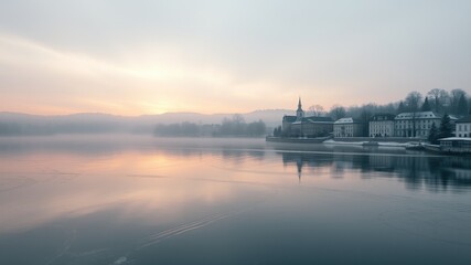 Obraz premium Winter View of the River Neckar and Neckarinsel Island with Bell Pepper Illustrations for Culinary Use