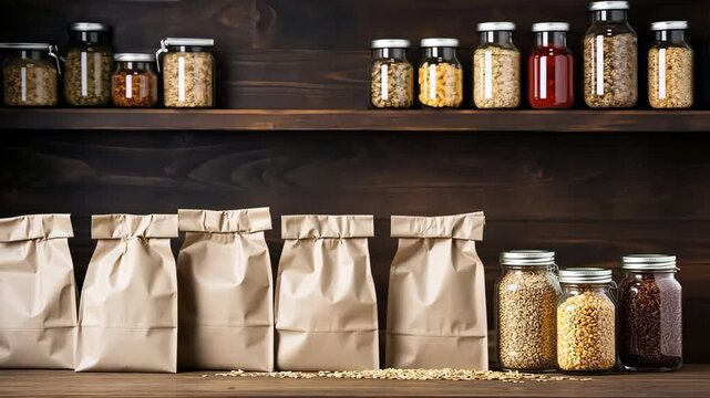 Jars sliding on a wooden shelf with paper bags and grain. Mock up