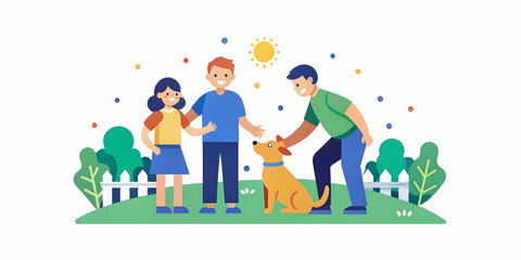 Fototapeta premium Candid Family Playing in Yard with Pet Dog - Joyful Backyard Moment with Copy Space for Advertising