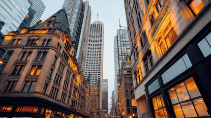 Obraz premium Low angle view of urban skyscrapers and historic buildings with warm lighting and modern glass facade during twilight in a city street.