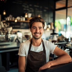 Fototapeta premium Smiling barista young man working in cafe shop, looking at camera. Startup successful small business owner. SME