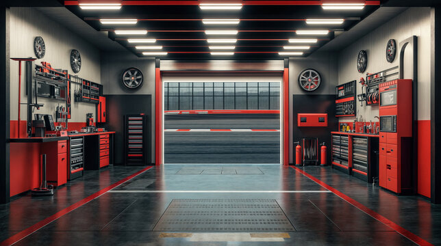 Modern car repair service garage with open roller door leading to racetrack