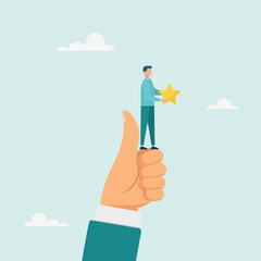 Mission accomplished. The character is holding a winner standing on his thumb. Vector illustration.	