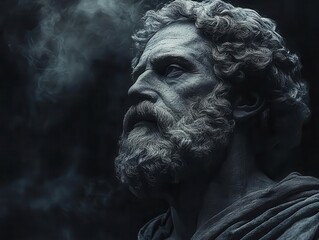stoic greek philosopher captured in minimalist digital form, deep in thought, with an aura of wisdom radiating through stark contrasts and subtle textures