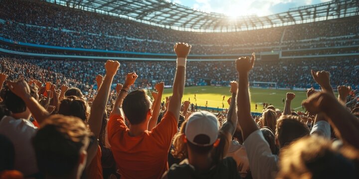 Crowd of sports fans cheering during a match in a stadium - people excited cheering for their favorite sports team to win the game, Generative AI