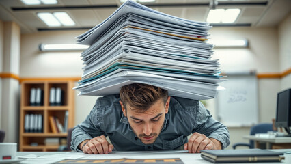 Frustrated businessman holding stack of paper on head at office desk