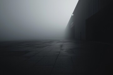 A dark black and white space with an empty floor, foggy in a cinematic and minimalist style