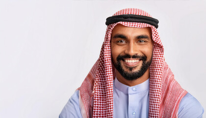 Arabic businessman with beard wearing keffiyeh and thobe