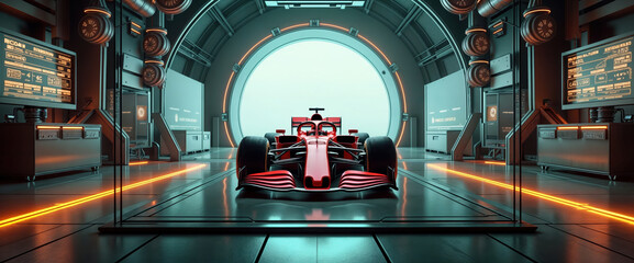 Red racing car parked inside modern garage waiting for race start