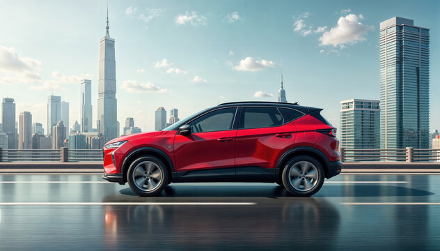 Modern red suv driving on bridge with city skyline in background