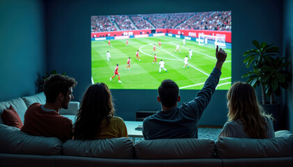 Group of friends watching football game on tv cheering for favourite team at home
