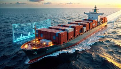 Cargo ship transporting goods with tracking software analytics graph overlaid