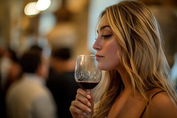 Blonde lady tasting some Bordeaux. Elegant woman with blonde hair, sipping wine from her glass at the opening event for Italian reds in Rome's historic palazzo.