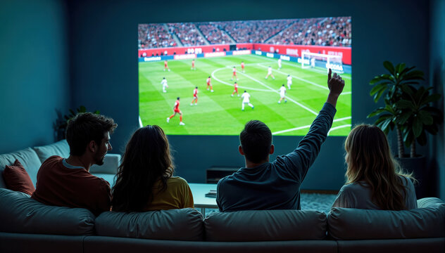Group of friends watching football game on tv cheering for favourite team at home
