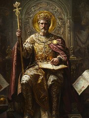 Obraz premium Saint Louis IX is portrayed in majestic robes on an embellished throne, grasping a golden scepter amidst a backdrop of historical relics and scrolls.