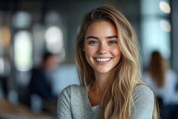 Fototapeta premium Confident young female entrepreneur smiling in modern office with colleagues in the background, Generative AI
