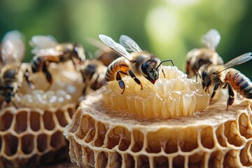 Bees gather around honeycomb. A close-up photo of busy bees collecting pollen and nectar from a honeycomb, perfect for illustrating a concept related to nature, agriculture, or the food industry.
