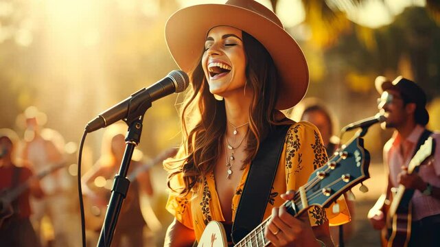 Woman singing and playing guitar with band in background