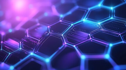 Fototapeta premium Abstract hexagonal pattern with blue and purple glowing lines, representing digital connections and networks.