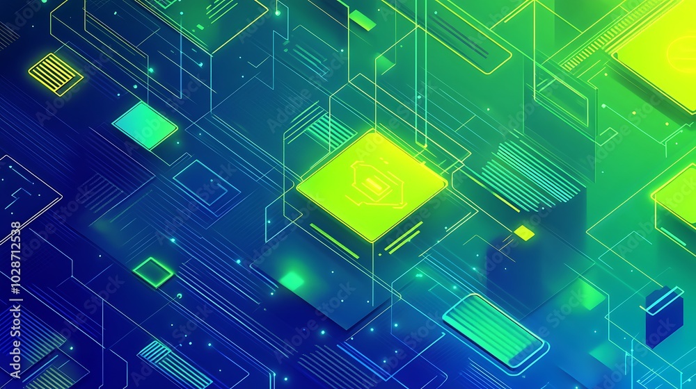 Poster abstract illustration of a green and blue circuit board with glowing lines and squares.