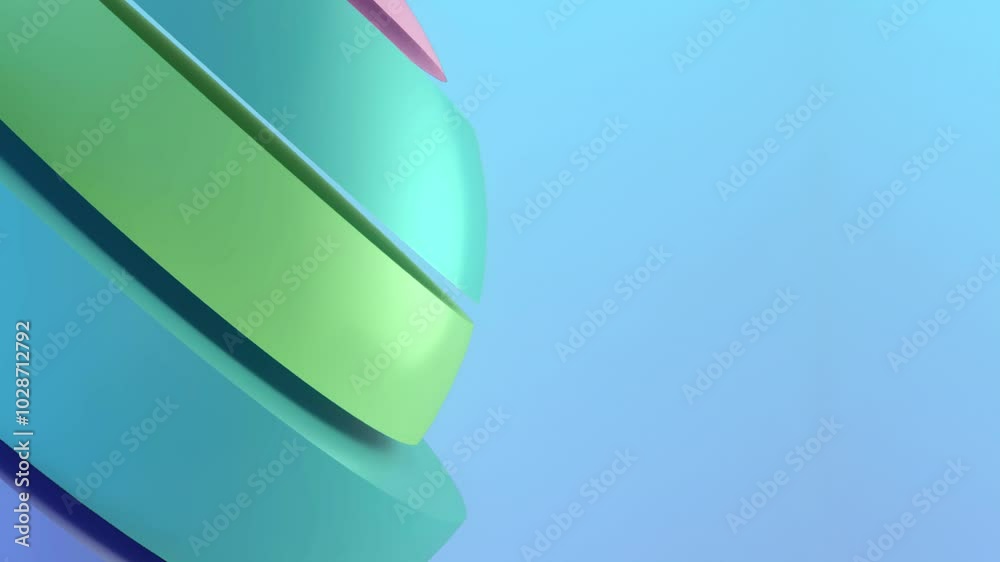 Poster Color animation of a volumetric sphere with separate layers of blue, green and pink colors. The light background emphasizes the purity and minimalism of the composition. 3d rendering 4K